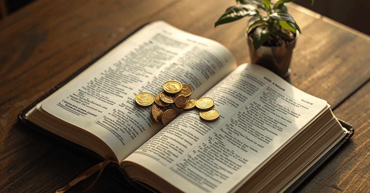 "Prosperidade bíblica: Bíblia, moedas de ouro e planta crescendo sob a luz do sol."