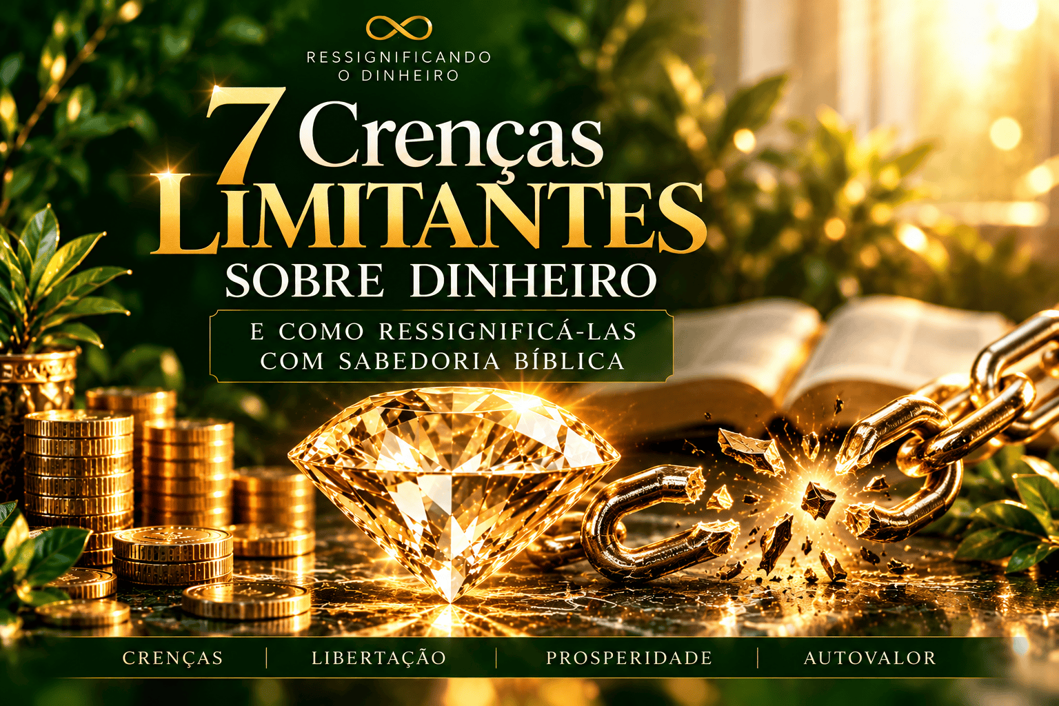 7 crenças limitantes sobre dinheiro: diamante dourado e corrente se rompendo, simbolizando libertação e sabedoria bíblica.
