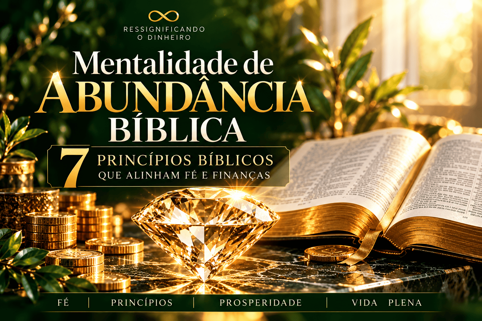 Mentalidade de abundância bíblica: 7 princípios bíblicos, diamante dourado, Bíblia aberta e elementos de prosperidade em fundo verde.