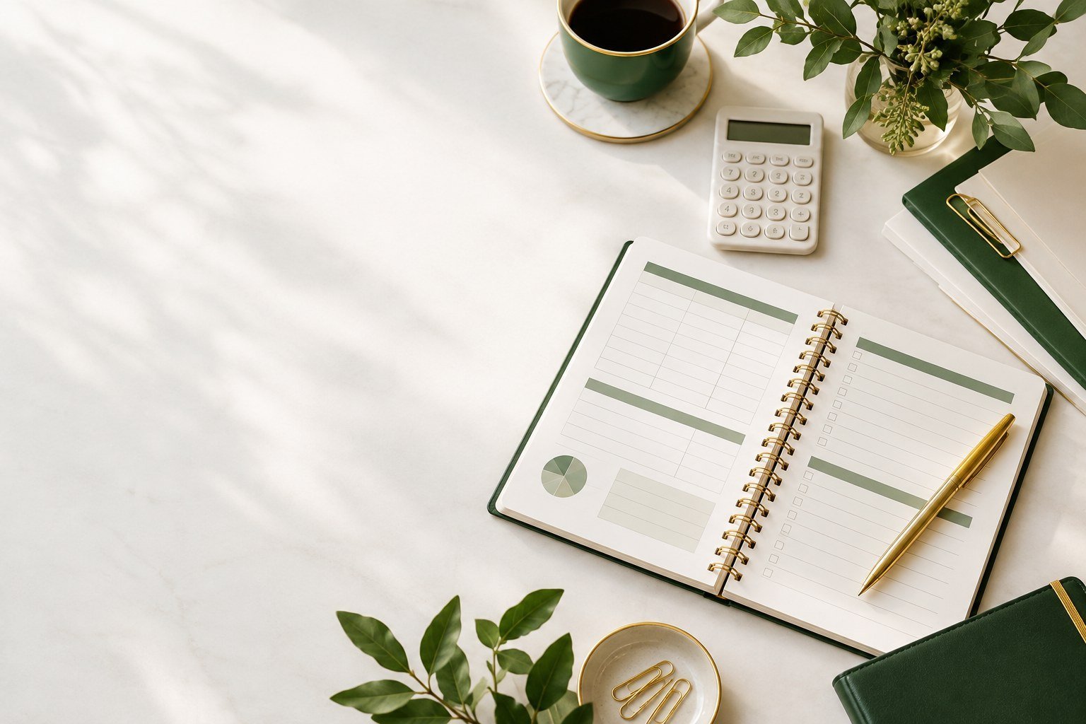 Caderno de planejamento financeiro e materiais de organização em verde-folha e dourado, ilustrando passos para organizar a vida financeira