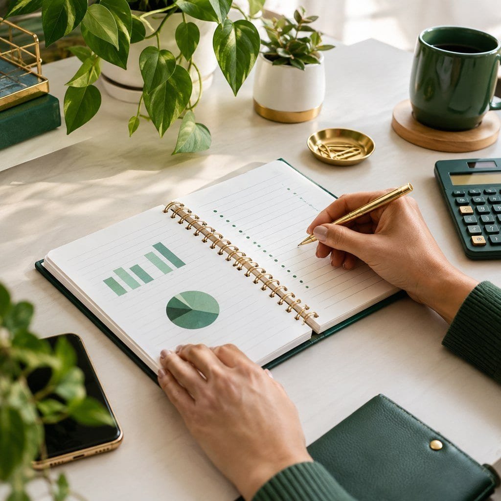 Planejamento financeiro pessoal em um caderno, com calculadora e elementos verde-folha e dourados