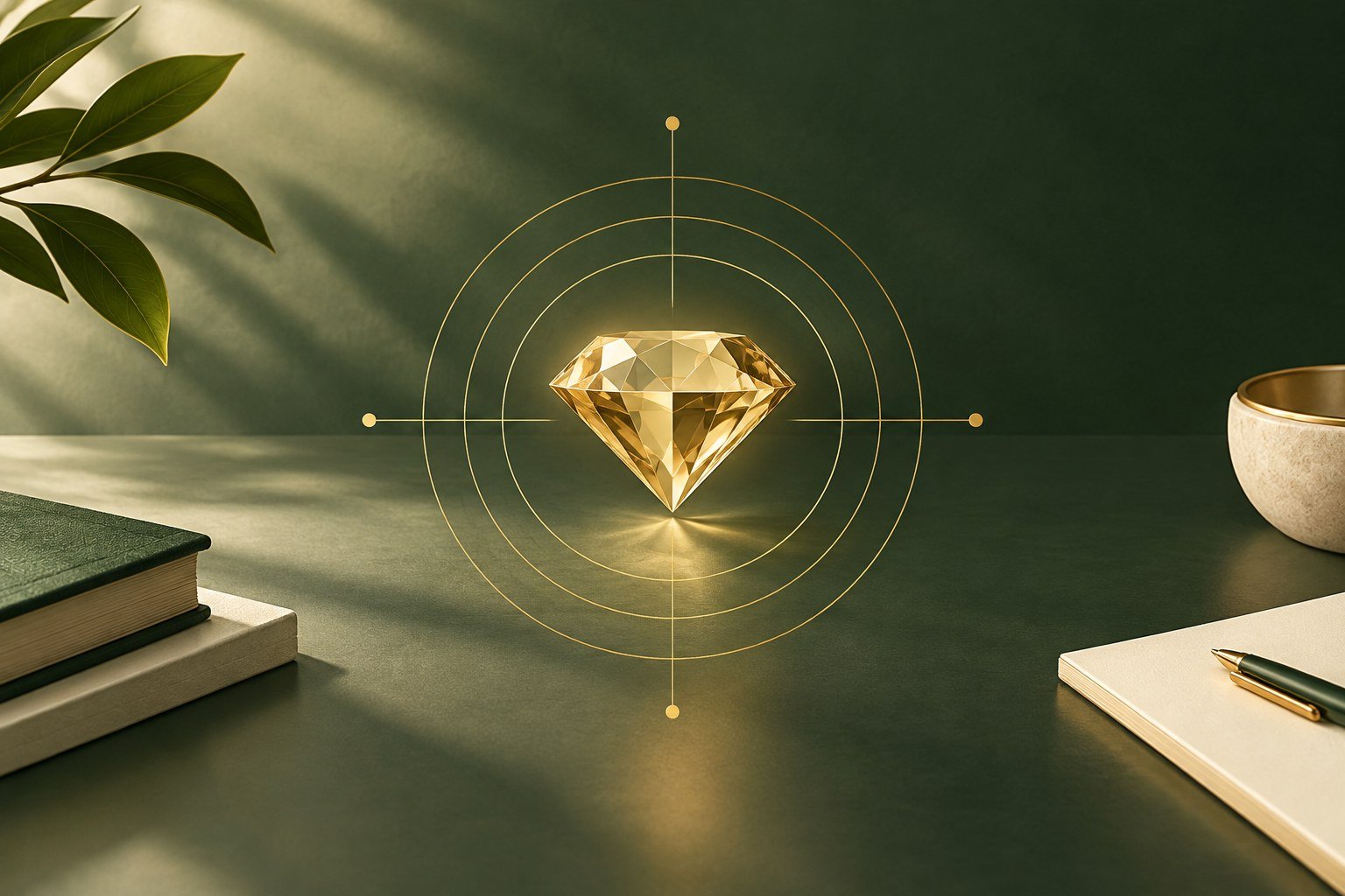 Diamante dourado sobre fundo verde, símbolo de consciência, aprendizado e transformação